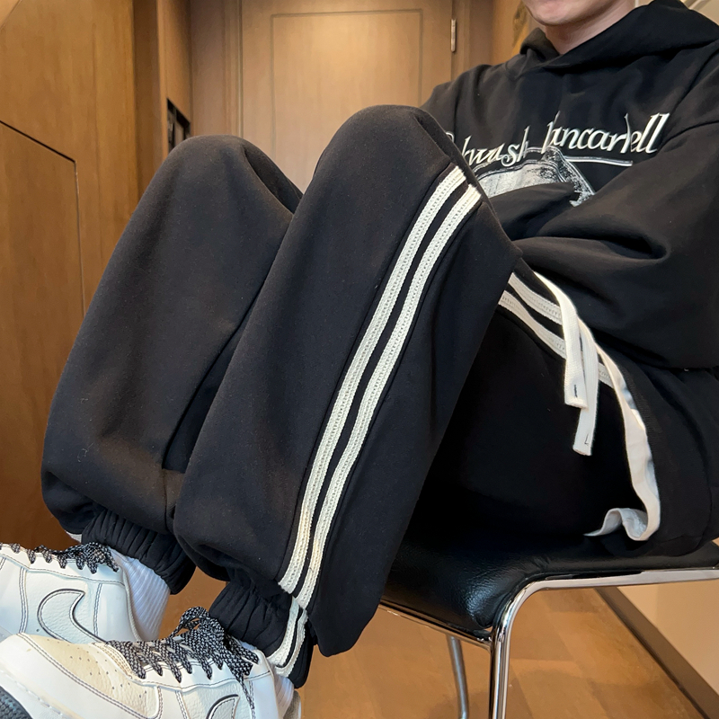 极速胖mm条纹运动裤女秋u冬加绒加厚哈伦束脚卫裤宽松显瘦休闲大