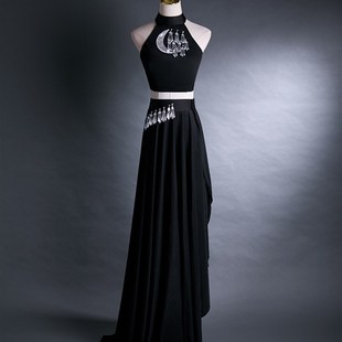 极速傣族舞蹈服装 15S届black艺考 现代大摆裙黑色开叉花腰练功裙