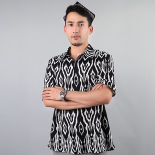 衬衣维Y吾尔族演 短袖 极速新疆艾德莱丝春夏男款 黑白印花宽松大码