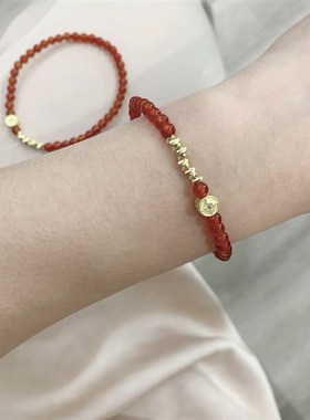 极速千万两天然红玛瑙小颗粒v单圈女款手链 4mm左右手串 搭配金色