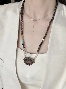 极速越南沉香牡丹花项链 可做毛衣C链 女款木质文玩项链 小众饰品