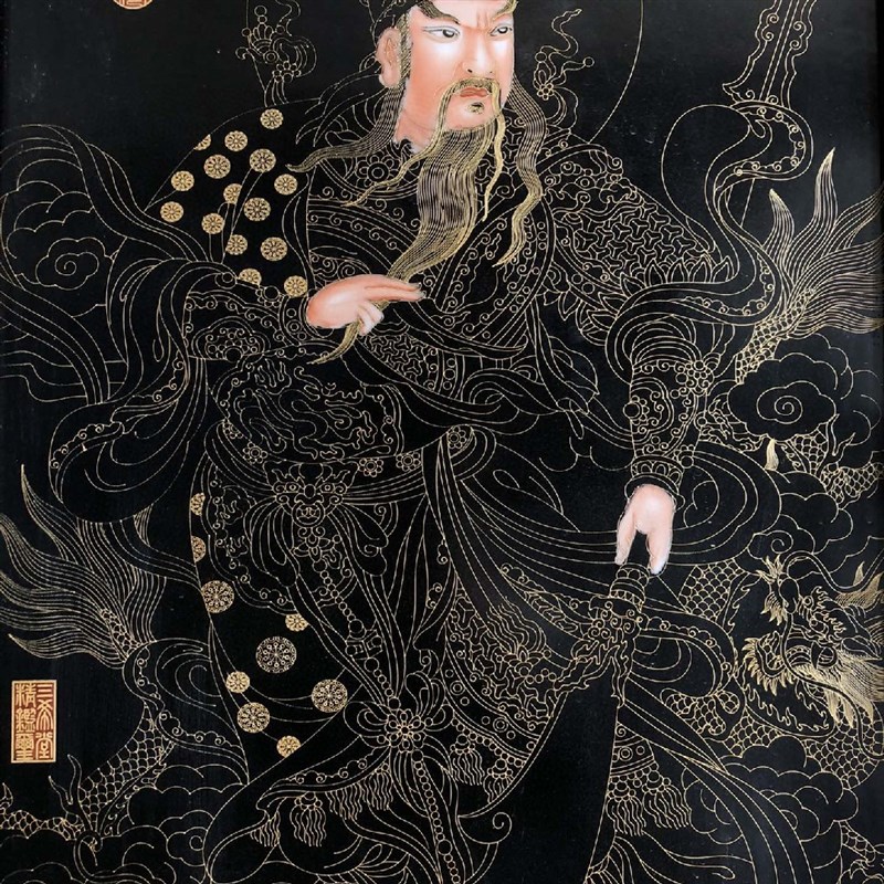 极速实红木框镶嵌l瓷板画手绘珐琅彩掐丝唐卡关公武财神中堂画壁
