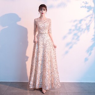 极速合唱团演出服晚礼服女2025B新款 主持人香槟色修 宴会气质长款