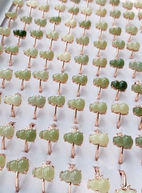 极速天然和田玉晴水料葫芦形状x女款戒指 镶嵌玫瑰金色戒指托 玉