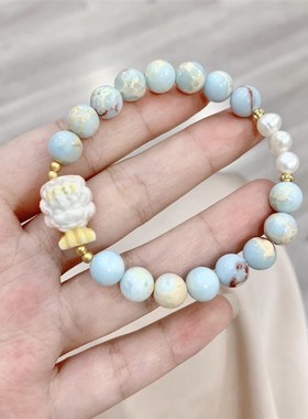 极速寿山石搭配根付小女孩天然淡水珍珠女L款女款手链 很夏天的浅