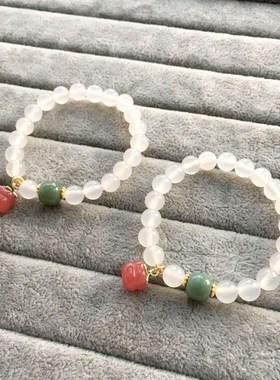 极速天然白c玛瑙荔枝冻搭配和田玉老型珠单圈女款女款手链 盐源玛