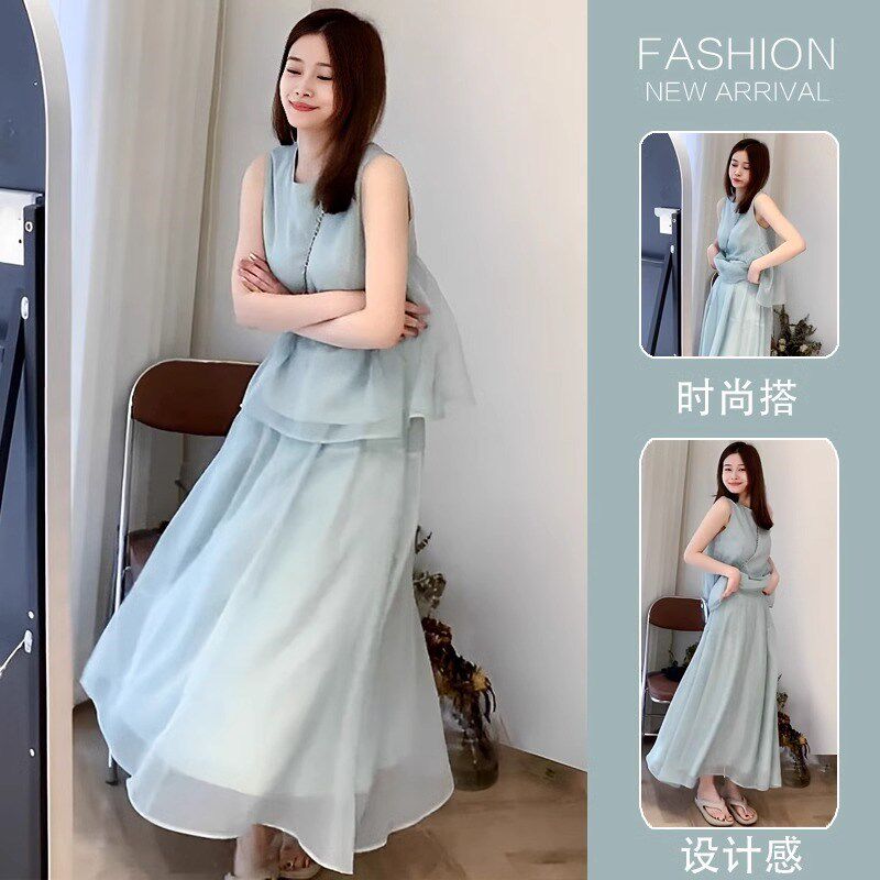 新品孕妇套装夏款2025新款时尚洋气时髦无袖上衣T半身裙两件套夏