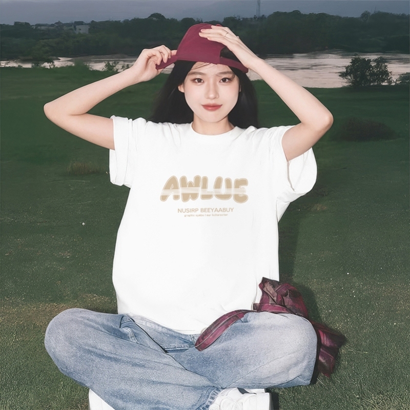 纯棉白色樱桃印花宽松版t恤女款韩版慵懒风正肩圆领短袖上衣2025