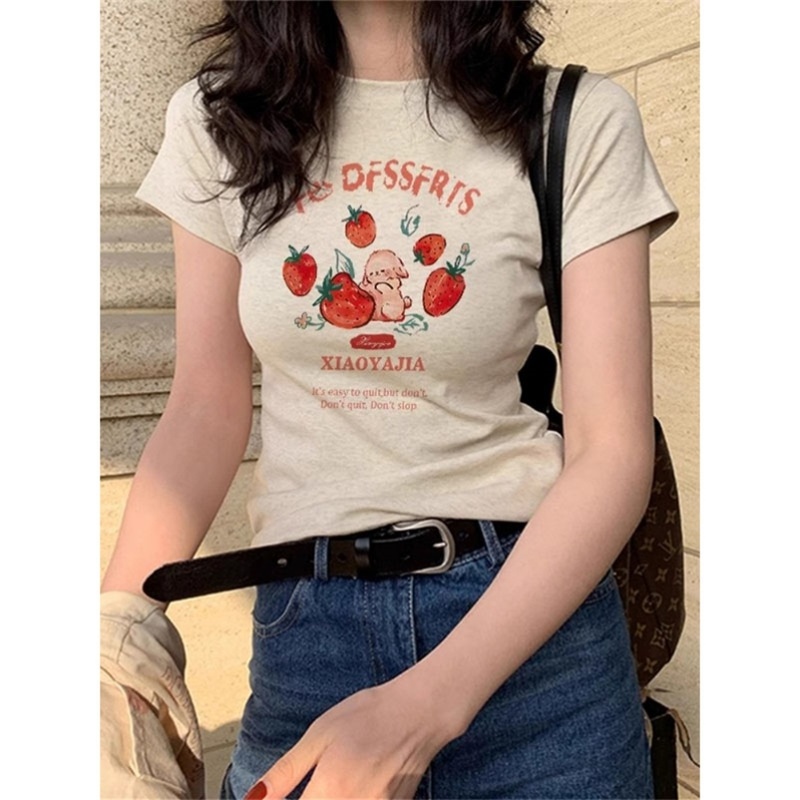 纯棉2025新款正肩红色短袖t恤女夏季修身别致独特上衣设计感小众