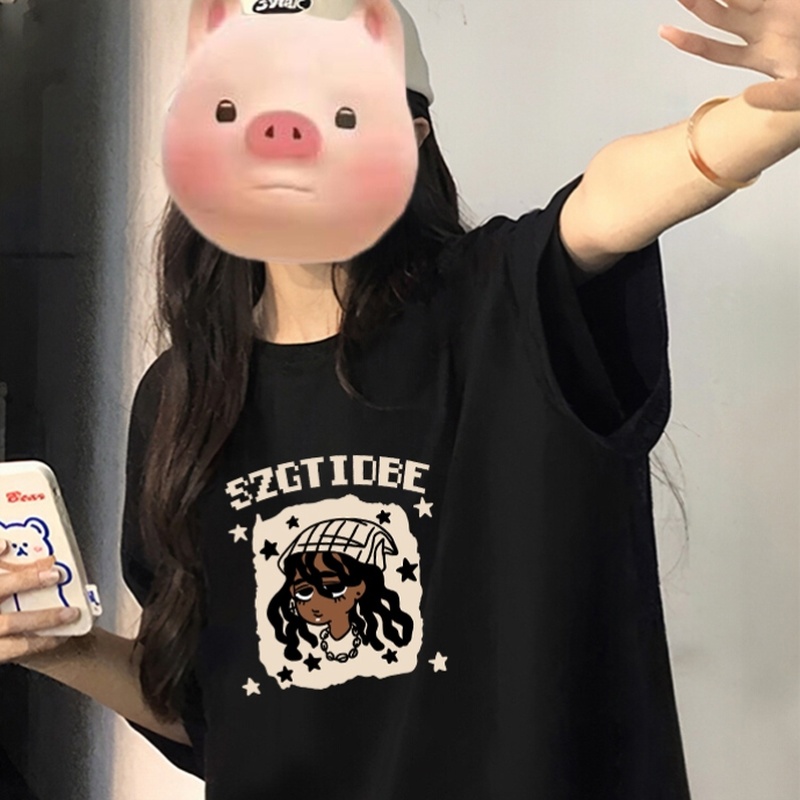 纯棉美式潮牌短袖T恤女夏季2025新款宽松慵懒风黑色重棉体恤上衣