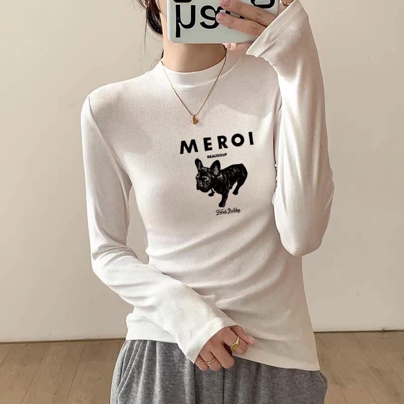 正肩白色小立领打底衫女内搭上衣女新款时尚洋气春秋冬长袖t恤女