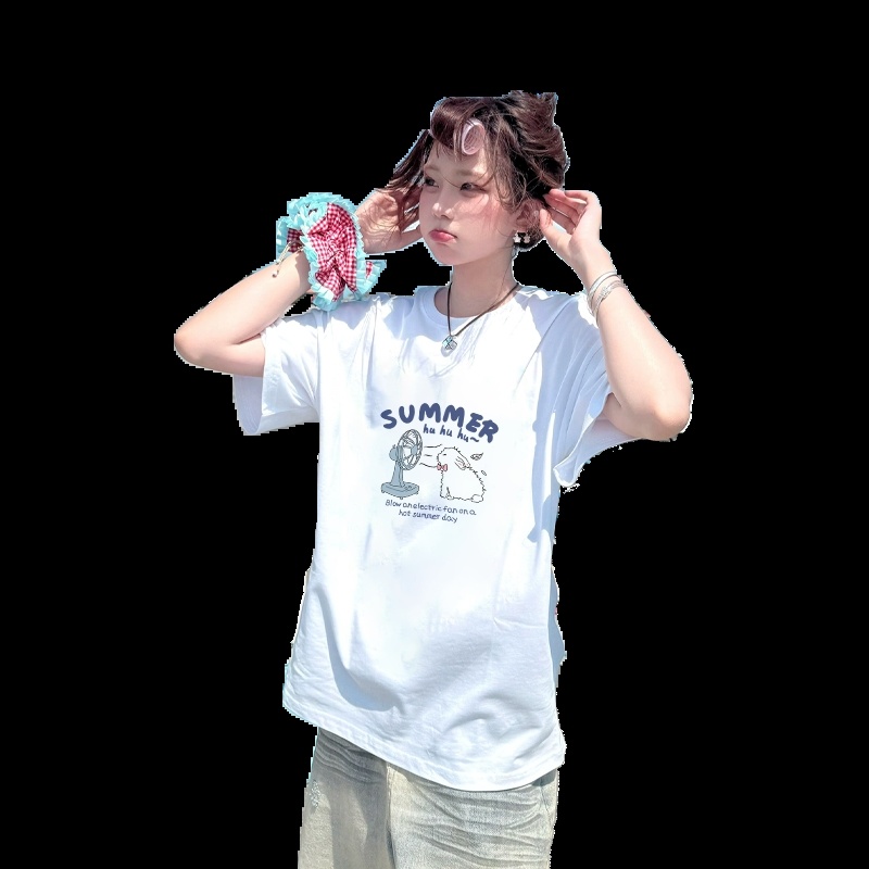 纯棉白色短袖t恤女士2025新款爆款夏季宽松慵懒风小众设计感上衣