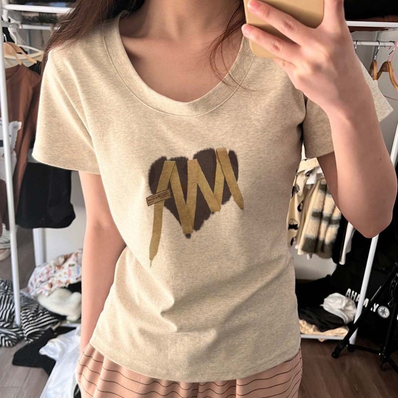 辣妹黑色u领不规则正肩短袖t恤女夏季大领口纯棉高腰修身短款上衣
