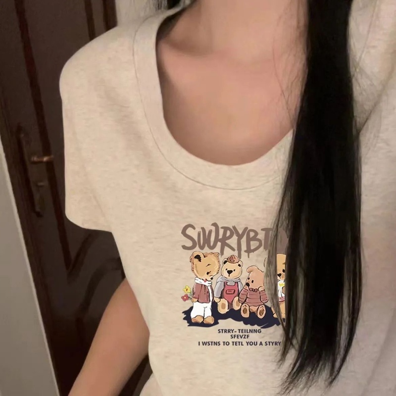 灰白色正肩短袖t恤女2025新款U圆领纯色显瘦遮肉收腰美式修身上衣