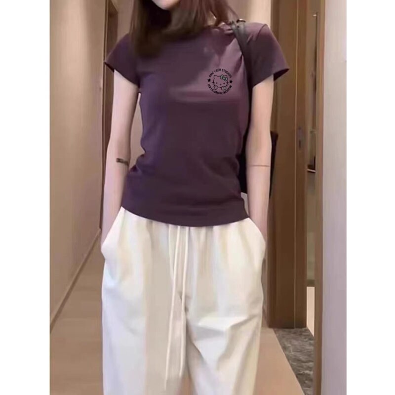 正肩深紫色t恤女夏季短袖法式小众独特别致修身甜美短款绝美上衣