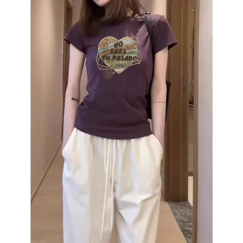 高级感深紫色t恤女短袖2025年新款设计感小众显瘦独特超好看上衣
