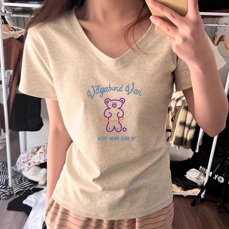 通勤正肩短袖V领t恤女夏季薄款休闲修身显瘦合身百搭灰色弹力上衣