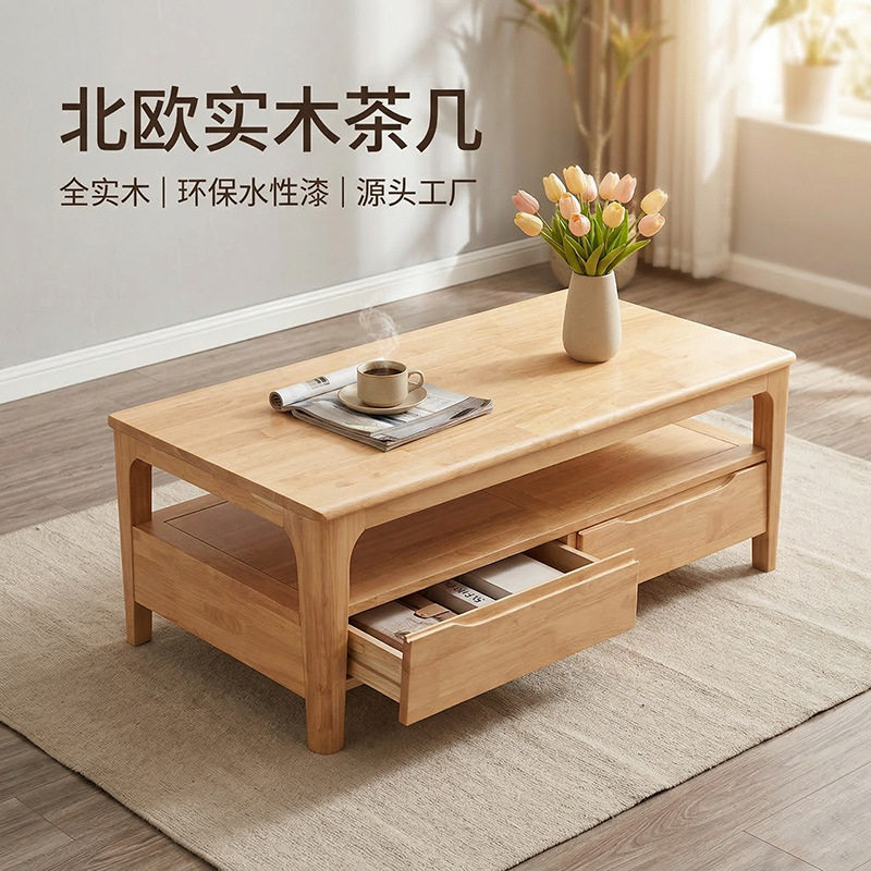 北欧橡胶木实木茶几现代简约小户型客厅家用长方形茶桌四抽屉茶几