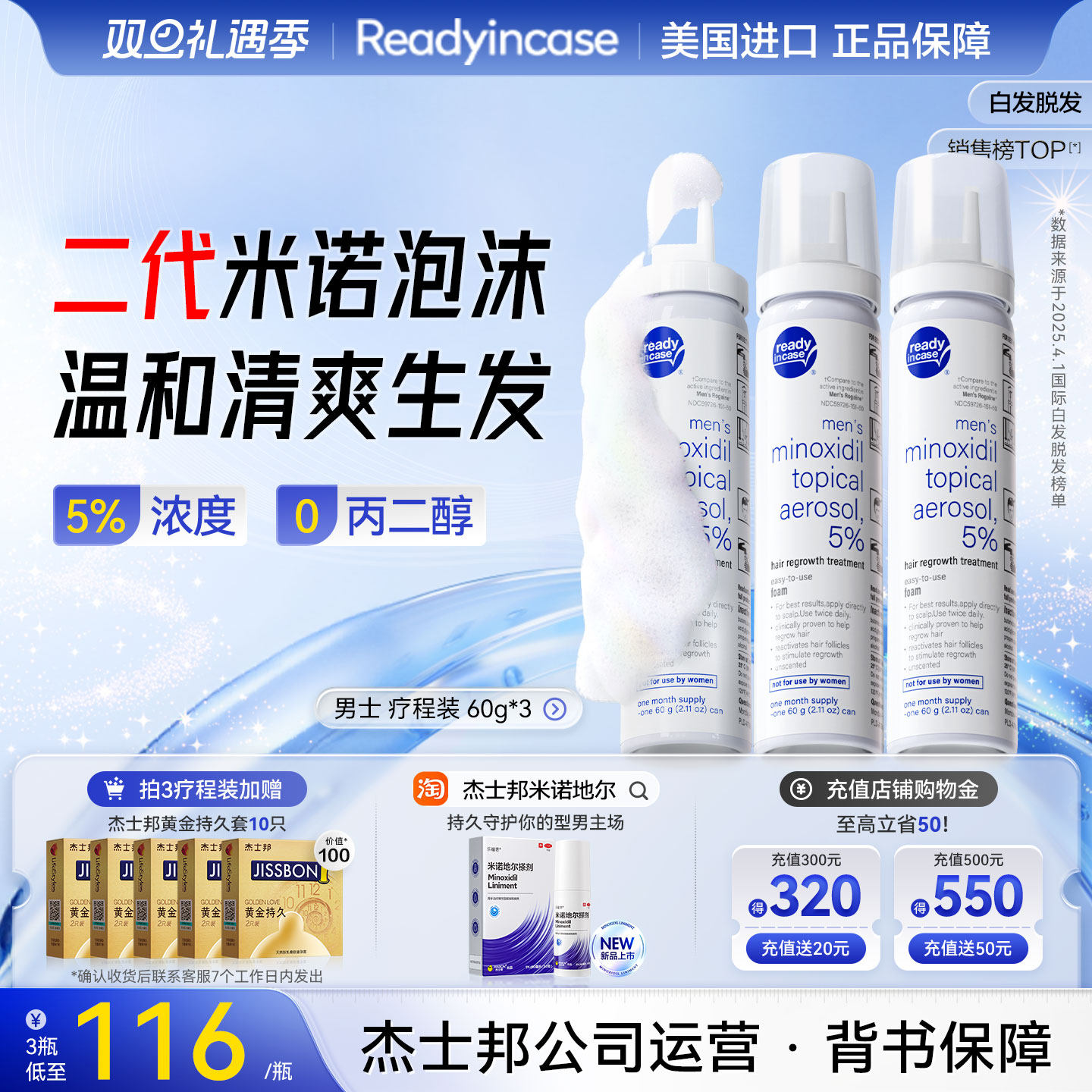 Readyincase美国进口5%米诺地尔酊脱发清爽生发液搽男女泡沫剂60g