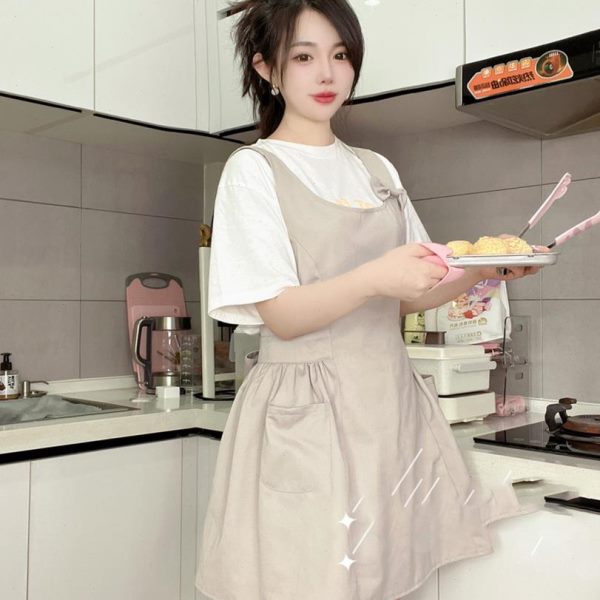 美甲可爱款烘培罩工作服米色姜灰色蝴蝶结衣漂亮妍同款围裙