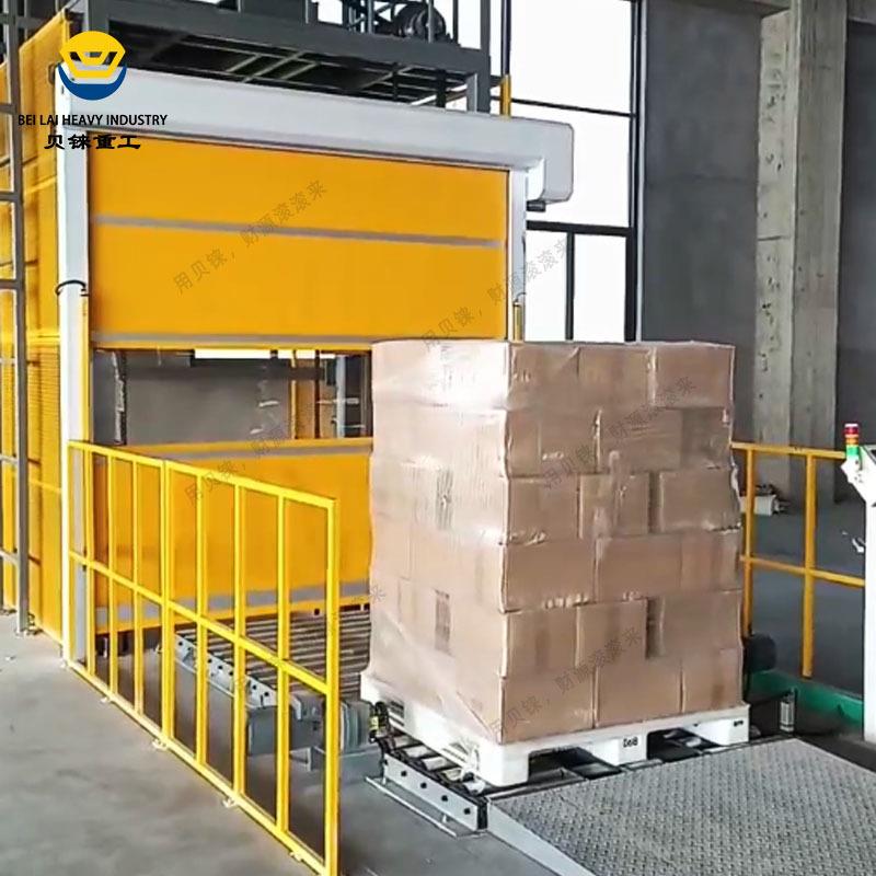 自动化旋转缠膜配套联动往复式垂直提升机辊筒输送托盘垂直升降机