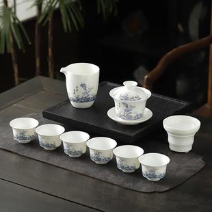 功夫茶杯家用客厅办公室泡茶陶瓷盖碗耐高温德 羊脂玉白瓷茶具套装