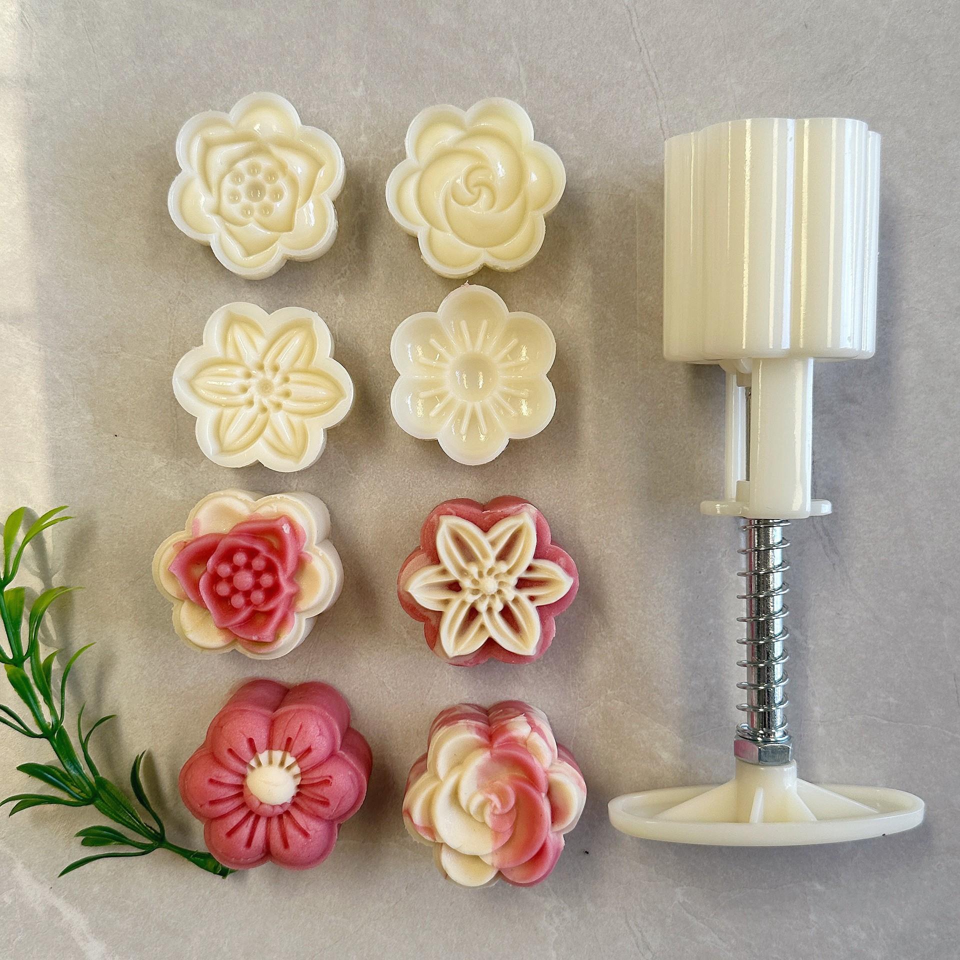 宏印臻品30克立体六瓣小花朵手压式绿豆糕冰皮月饼塑料模具套装