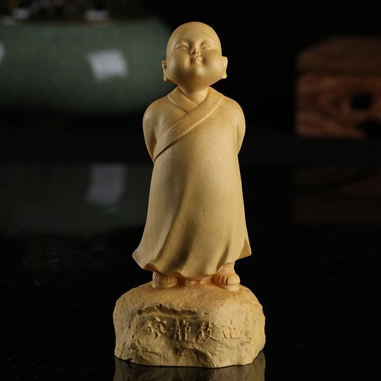 乐清黄杨木雕宁静致远小和尚 创意小沙弥汽车小摆件 家居饰品