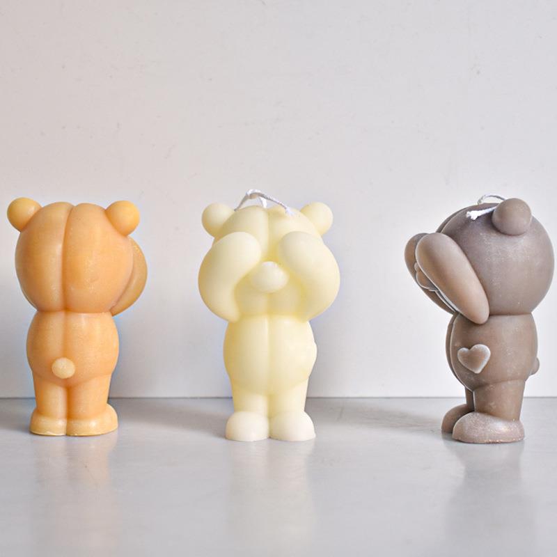 筹凯 新品立体捂眼熊蜡烛模具DIY石膏摆件卡通装饰品硅胶模具