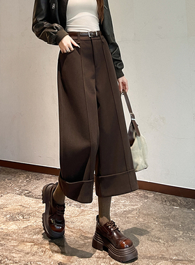 加厚卷边毛呢阔腿裤女秋冬高腰直筒八分小个子翻边休闲西装裤靴裤