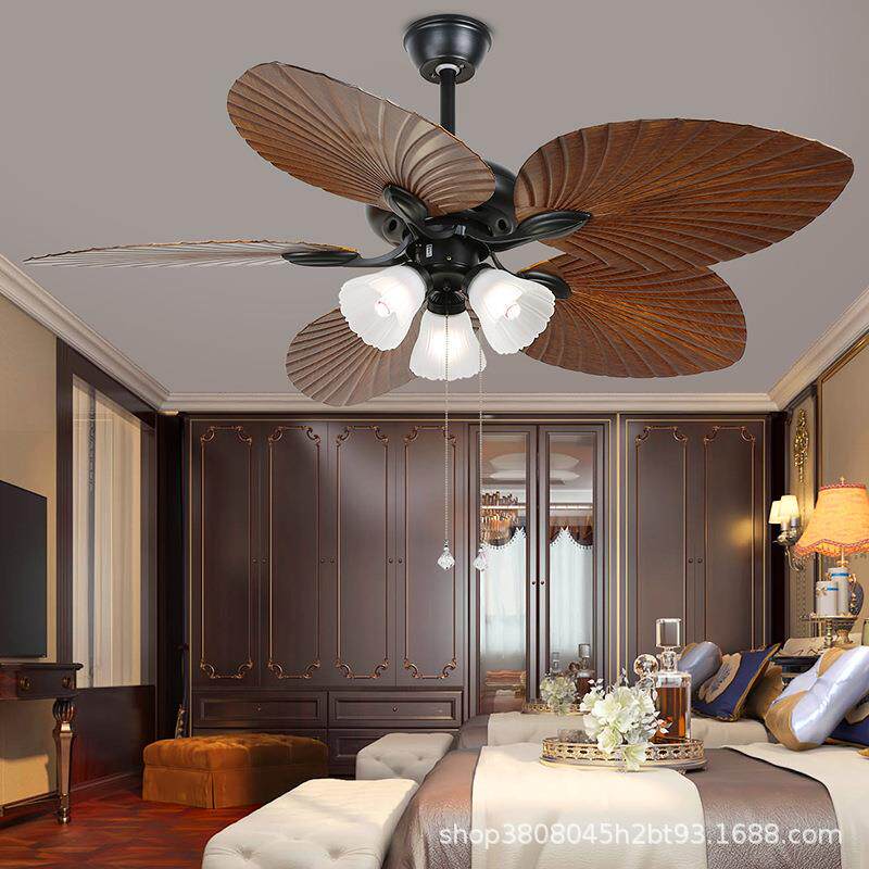价客厅风扇灯东南亚吊扇灯 餐馆风芭蕉叶遥控复古风扇吊灯