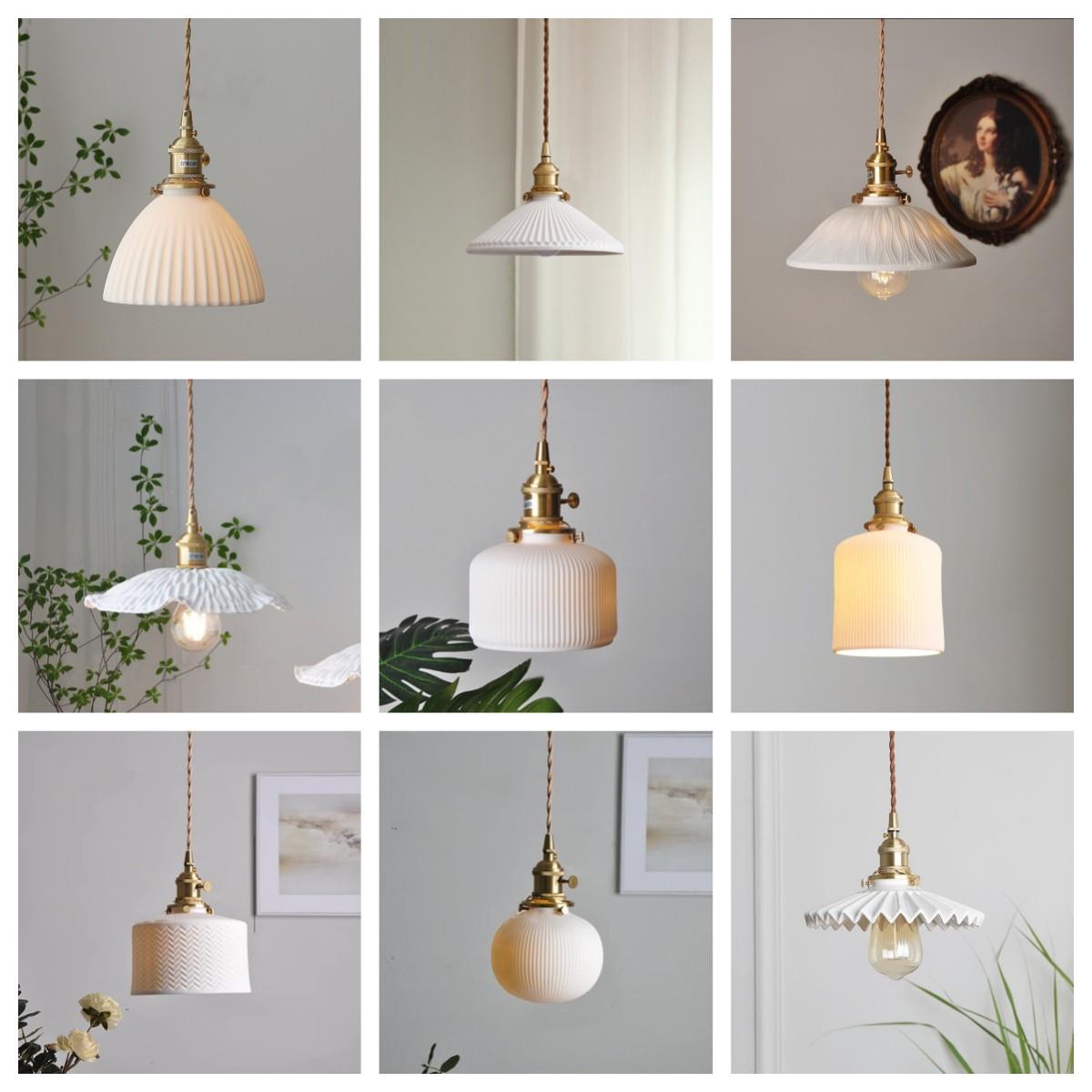 5V日式陶瓷小吊灯复古白色实木餐厅吧台民宿床头过道茶室胡桃木吊