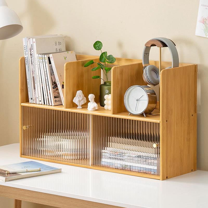 桌面书架办公桌上收纳置物架子日式简易家用玻璃门小型书柜原木风