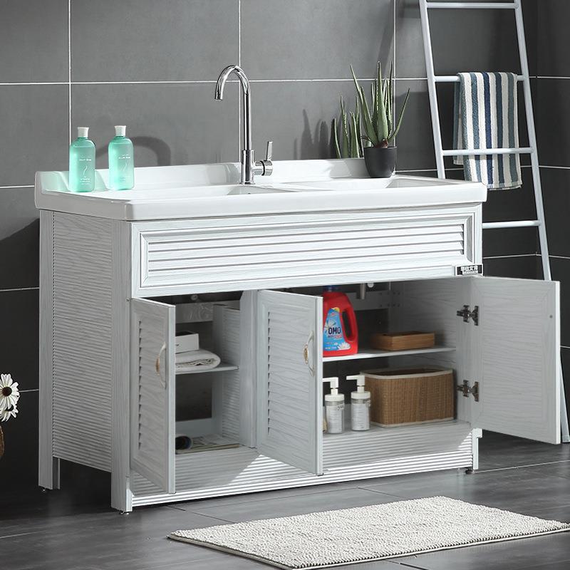 KE3C洗衣柜双盆陶瓷带搓板阳台洗衣池现代不锈钢