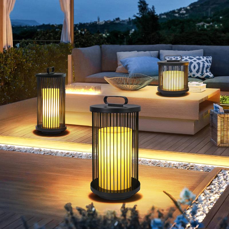 跨境新中式笼子灯园林景观别墅庭院灯太阳能草坪灯室外防水落地灯