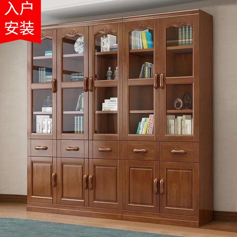 新中式全实木书柜雕花书房带玻璃门书架组合落地3门6门储物柜书橱