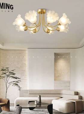 全铜工艺多头玻璃灯具酒店入户灯法式极简客厅灯卧室吸顶灯85073