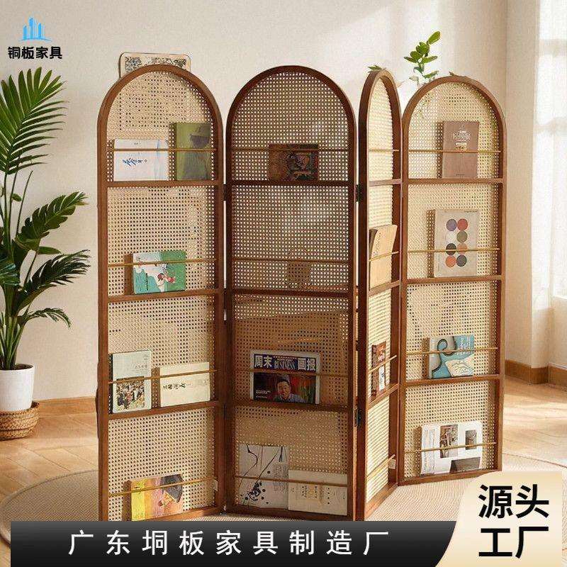 藤编屏风隔断法式中古客厅家用可移动置物架复古日式折叠遮挡实木