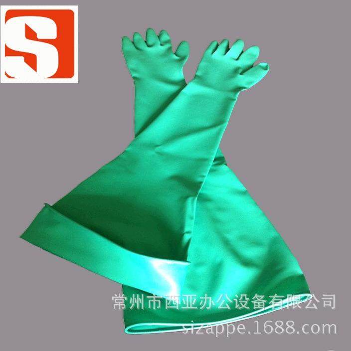 长款80CM绿色丁腈防化手套 耐酸碱防护手套干箱专用手套