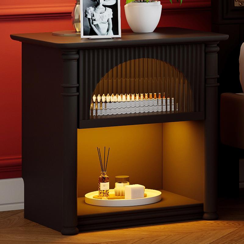 法式复古床头柜实木简约现代床边柜卧室迷你小型收纳储物柜玻璃门