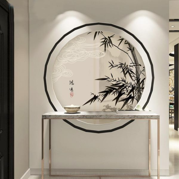 新中式圆形画芯餐厅玄关背景墙装饰画茶室禅意花鸟画竹子墙纸壁画