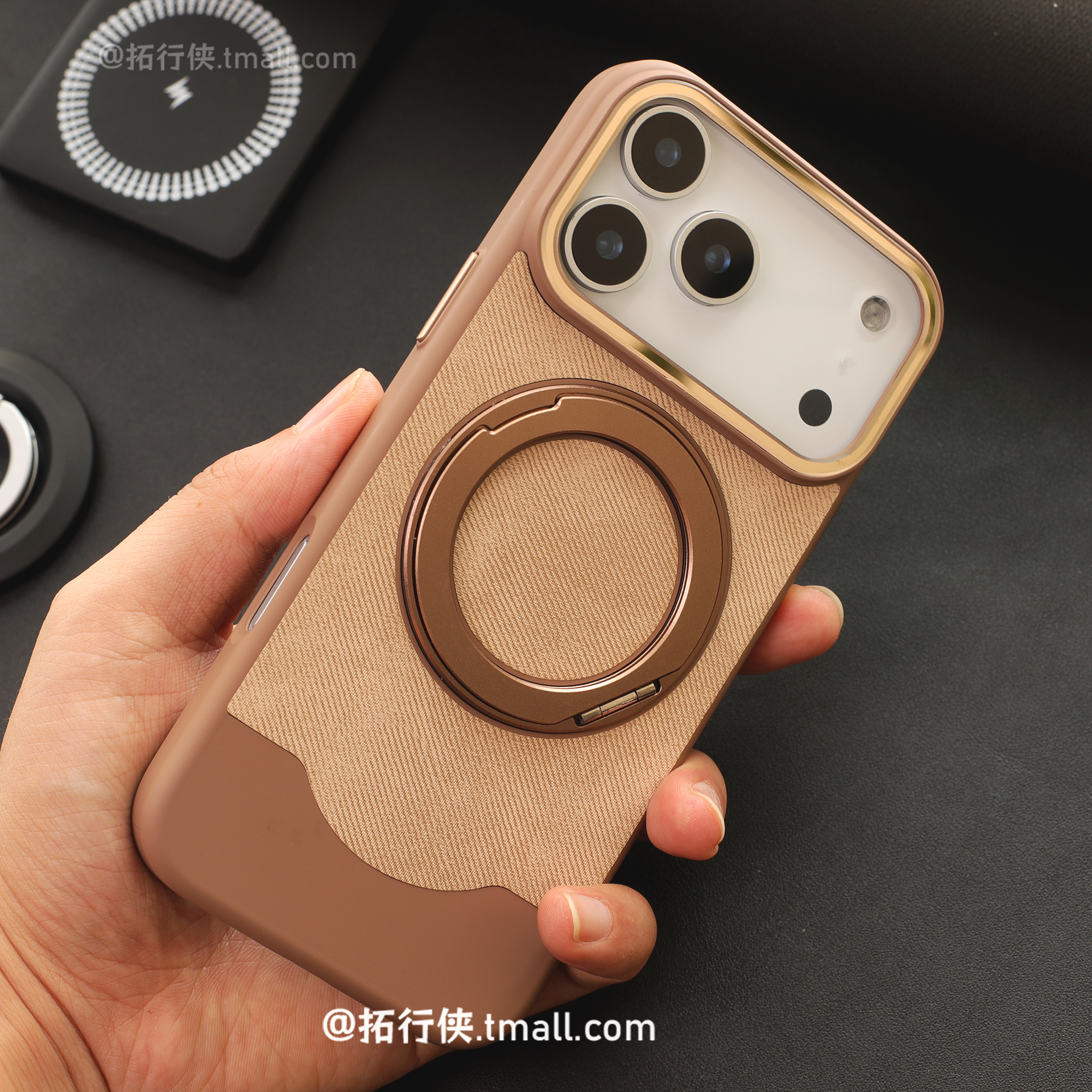 秋冬咖色毛麻布纹支点壳适用iPhone17苹果17proMax手机壳套磁吸360°支架Air/16创意拼接外壳15/14轻薄自由环
