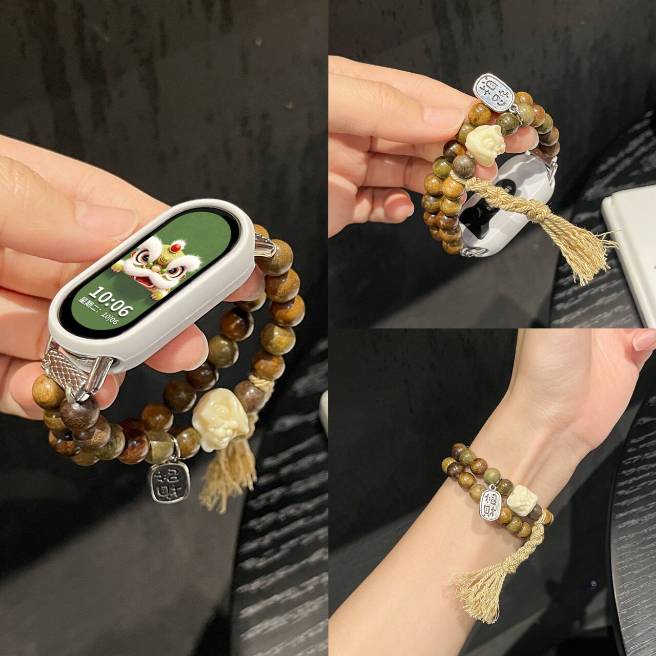 新中式招财醒狮绿檀串珠链式表带图片