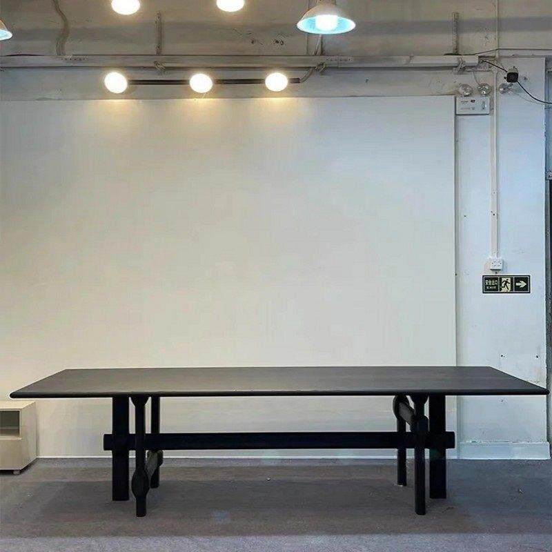 中古风餐桌设计师款创意艺术实木桌长方形复古侘寂风黑色家用餐桌