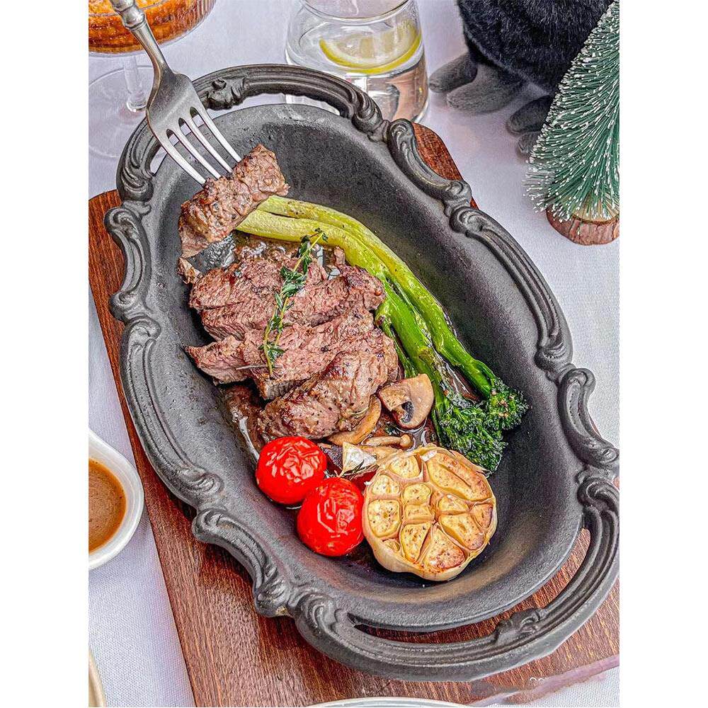 铸铁牛排盘奶酪烤盘烧烤铁板压花椭圆形龙虾盘商业创意餐具西餐厅