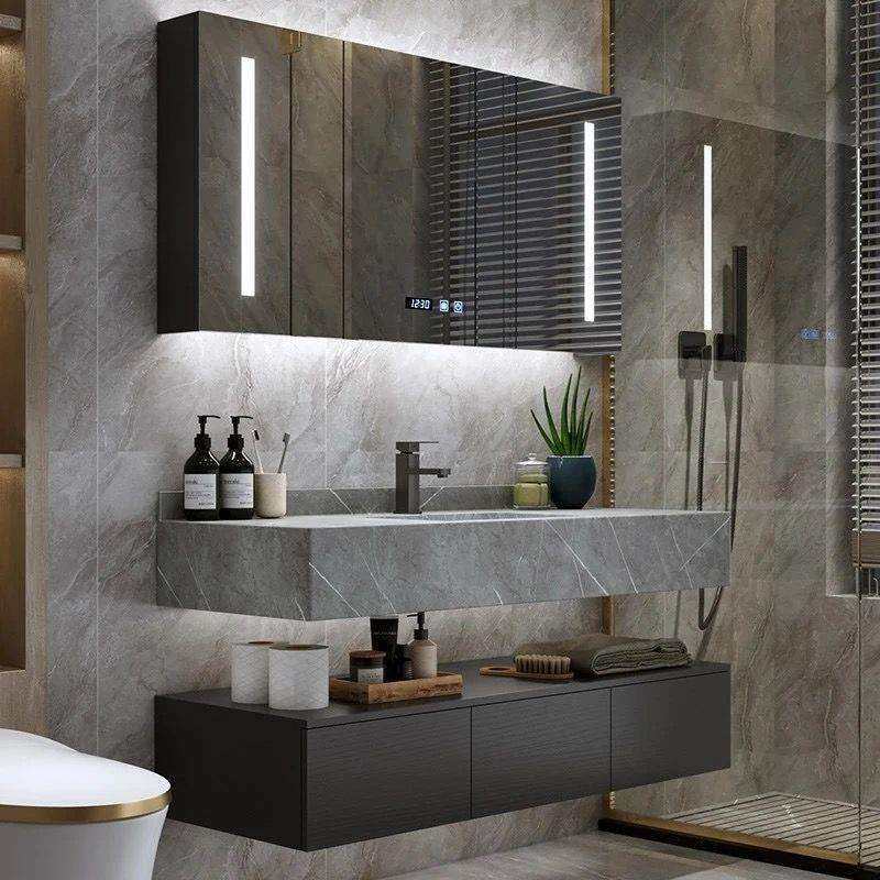 现代简约岩板一体轻奢浴室柜组合洗脸洗手面池卫生间洗漱台盆镜柜