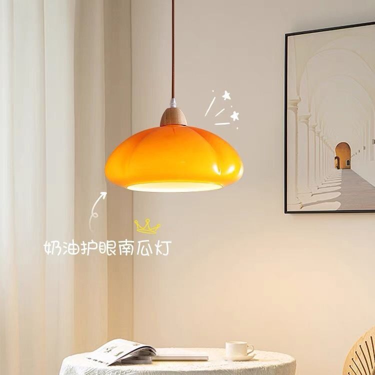 奥博中古原木奶油风南瓜吊灯日式复古风餐厅吊灯全光谱餐厅玻璃