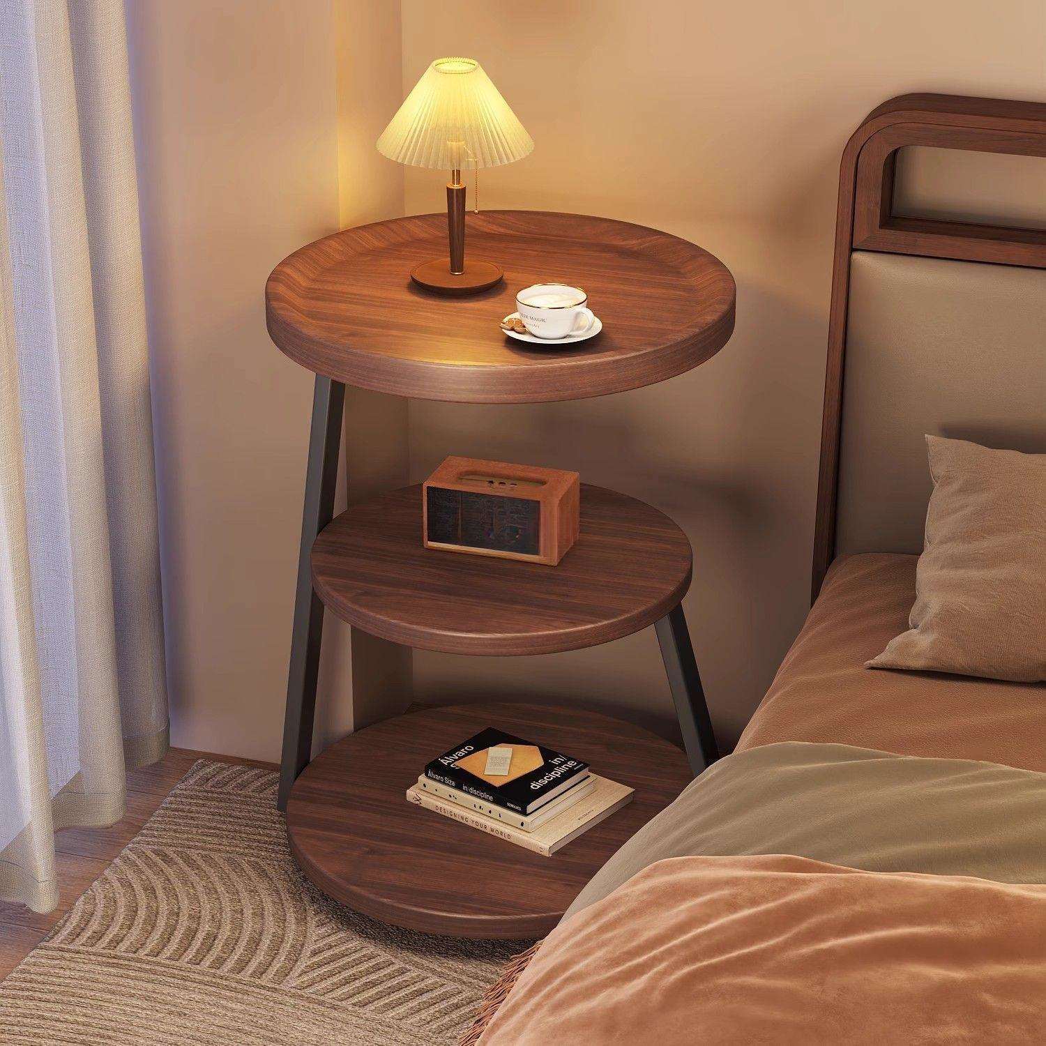 中古风床头柜置物架多层沙发边几茶几客厅家用小户型圆形边桌角几