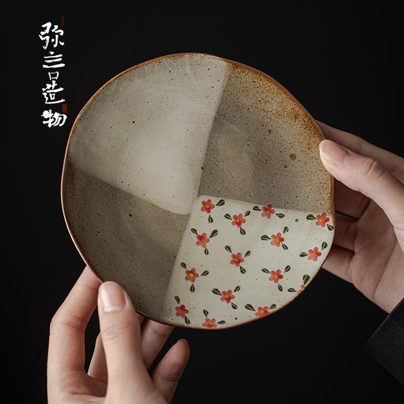 弥言仿柴烧纯手工粗陶壶承手绘陶瓷茶盘简约茶壶盖碗干泡盘茶点盘