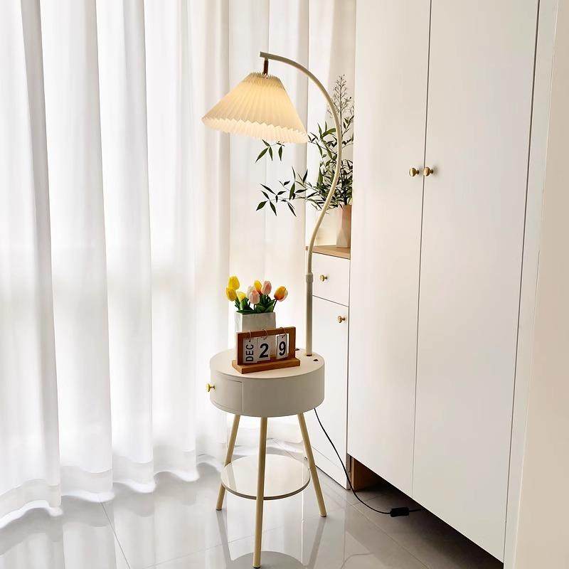 客厅百褶落地灯茶几置物架立式台灯奶油风卧室带床头柜抽屉一体灯